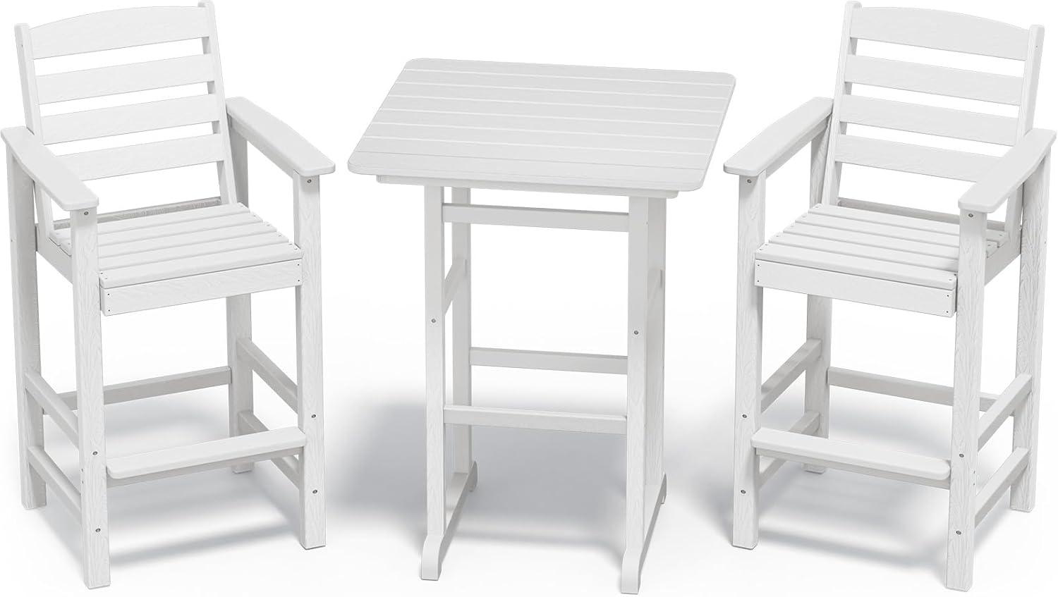Discoveries await. Adirondack table meets tough stools, tested for backyard charm